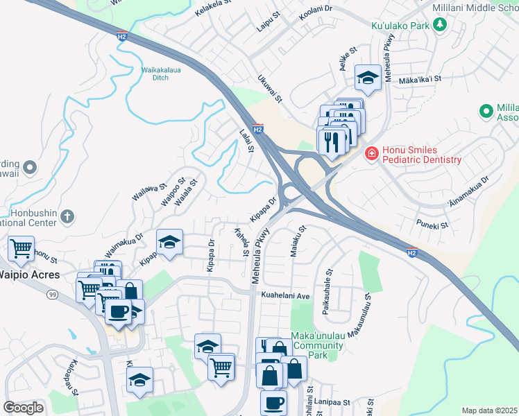 map of restaurants, bars, coffee shops, grocery stores, and more near 95-786 Kipapa Drive in Mililani