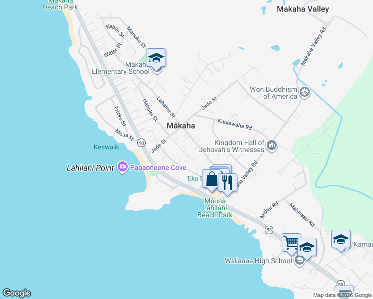 map of restaurants, bars, coffee shops, grocery stores, and more near 84-946B Hanalei Street in Waianae