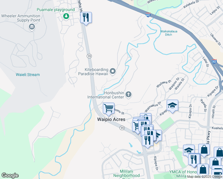 map of restaurants, bars, coffee shops, grocery stores, and more near 95-60 Waikalani Drive in Mililani