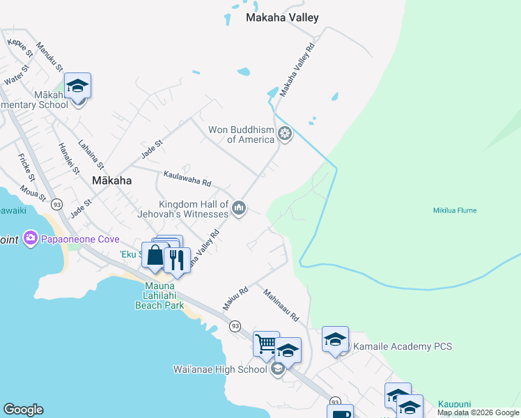 map of restaurants, bars, coffee shops, grocery stores, and more near 85-40 Kaulawaha Road in Waianae