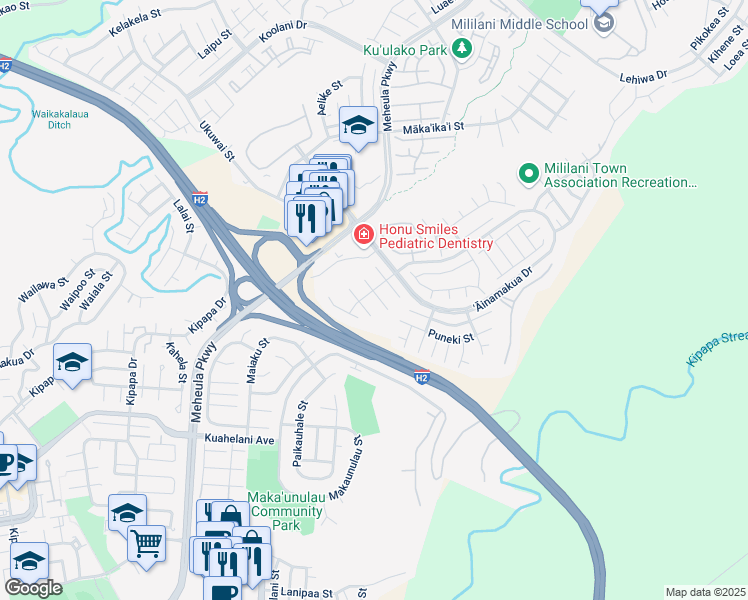 map of restaurants, bars, coffee shops, grocery stores, and more near 95-1029 Ahikao Street in Mililani