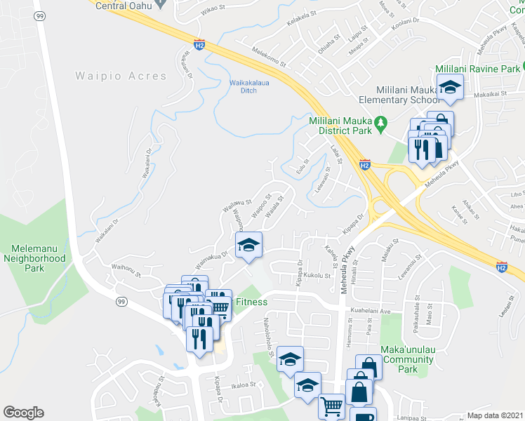 map of restaurants, bars, coffee shops, grocery stores, and more near 95-237 Waipoo Street in Mililani