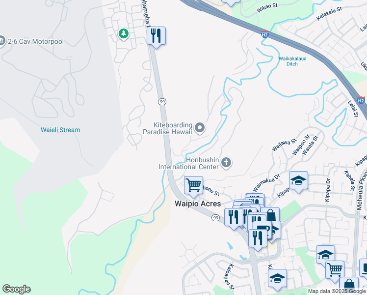 map of restaurants, bars, coffee shops, grocery stores, and more near 95-60 Waikalani Drive in Mililani