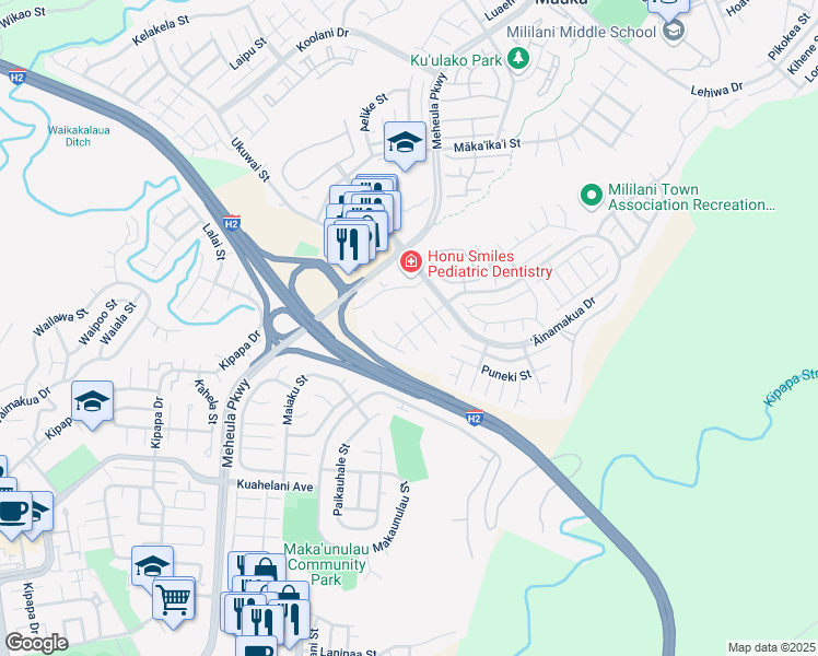 map of restaurants, bars, coffee shops, grocery stores, and more near 95-1029 Ahikao Street in Mililani