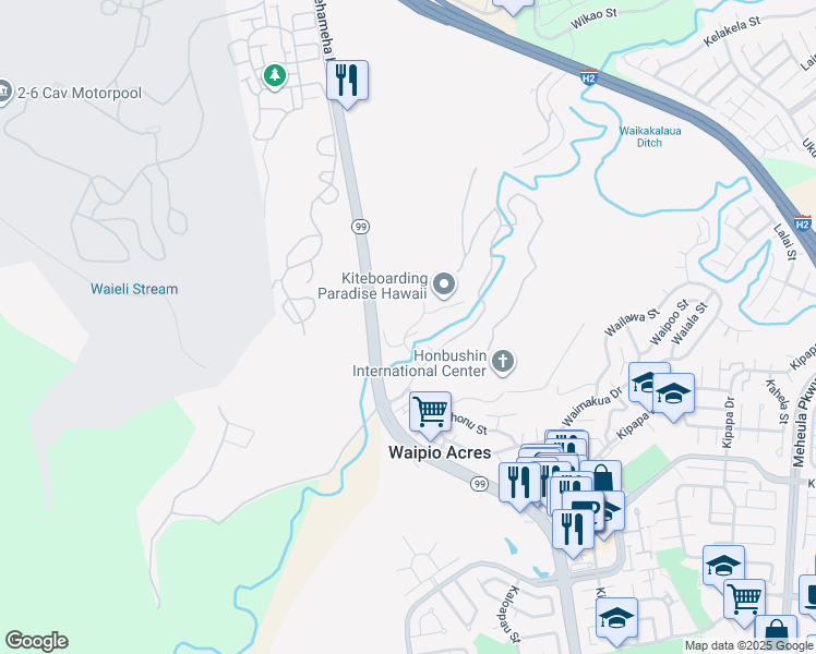 map of restaurants, bars, coffee shops, grocery stores, and more near 95-60 Waikalani Drive in Mililani