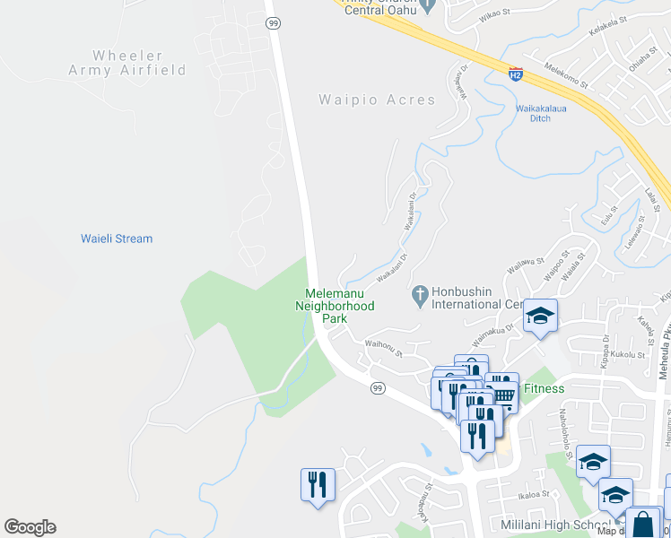 map of restaurants, bars, coffee shops, grocery stores, and more near 95-2052 Waikalani Place in Mililani