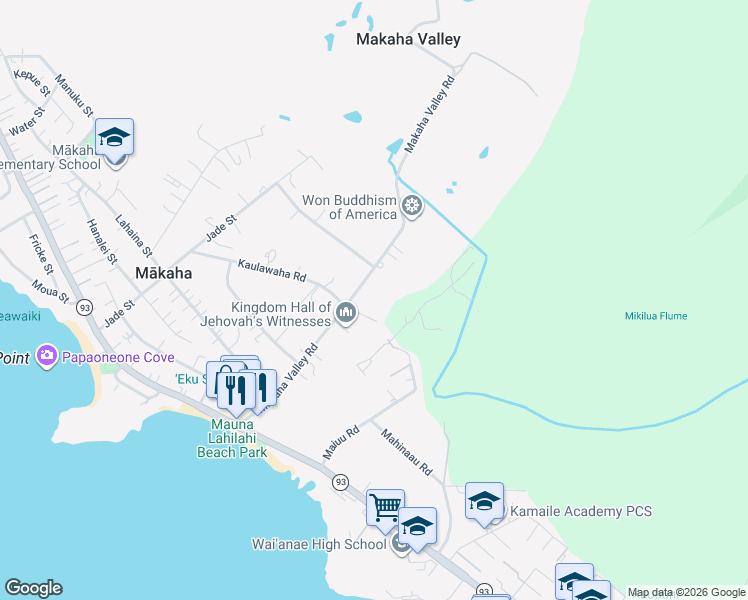 map of restaurants, bars, coffee shops, grocery stores, and more near 85-40 Kaulawaha Road in Waianae