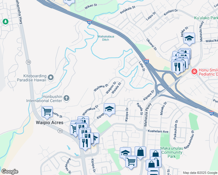 map of restaurants, bars, coffee shops, grocery stores, and more near 95-238 Waipoo Street in Mililani
