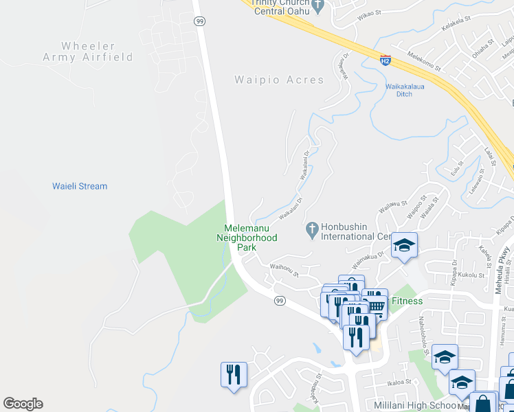 map of restaurants, bars, coffee shops, grocery stores, and more near 95-60 Waikalani Drive in Mililani