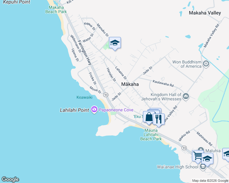 map of restaurants, bars, coffee shops, grocery stores, and more near 84-885 Hana Street in Waianae