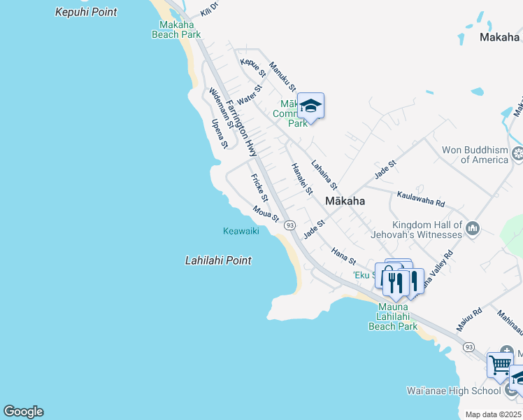 map of restaurants, bars, coffee shops, grocery stores, and more near 84-825 Fricke Street in Waianae
