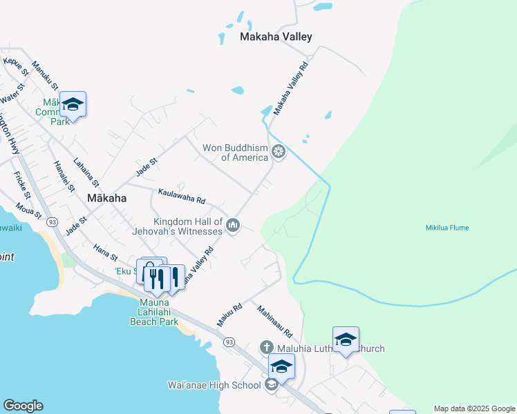 map of restaurants, bars, coffee shops, grocery stores, and more near 84-461 Makaha Valley Road in Waianae