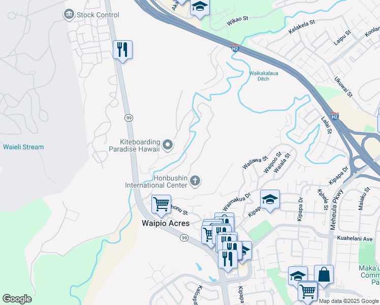 map of restaurants, bars, coffee shops, grocery stores, and more near 95-123 Waikalani Drive in Mililani
