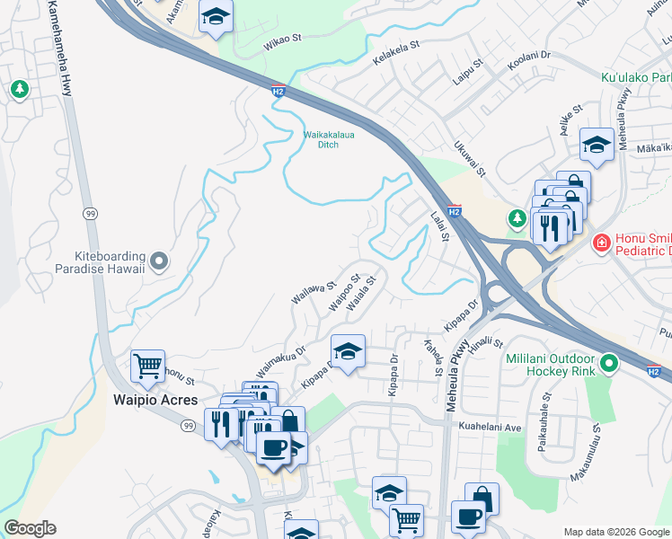 map of restaurants, bars, coffee shops, grocery stores, and more near 95-236 Wailawa Street in Mililani