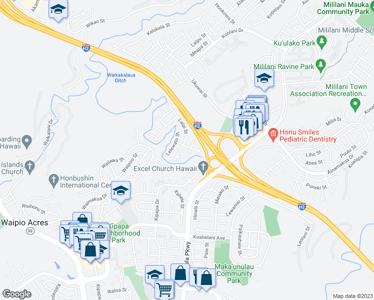 map of restaurants, bars, coffee shops, grocery stores, and more near 95-108 Lokihi Street in Mililani