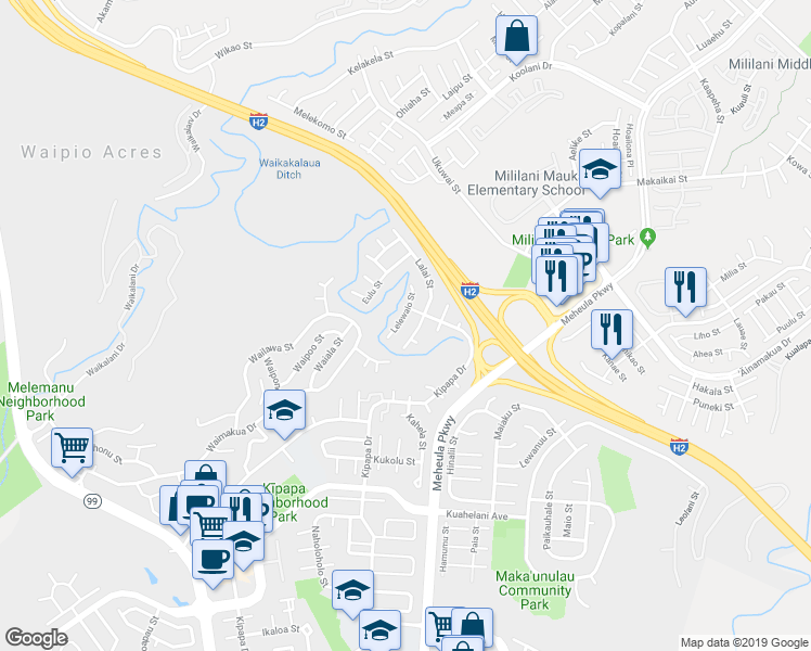 map of restaurants, bars, coffee shops, grocery stores, and more near 95-133 Lelewalo Street in Mililani