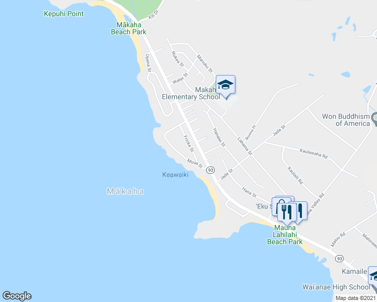 map of restaurants, bars, coffee shops, grocery stores, and more near 84-825 Fricke Street in Waianae