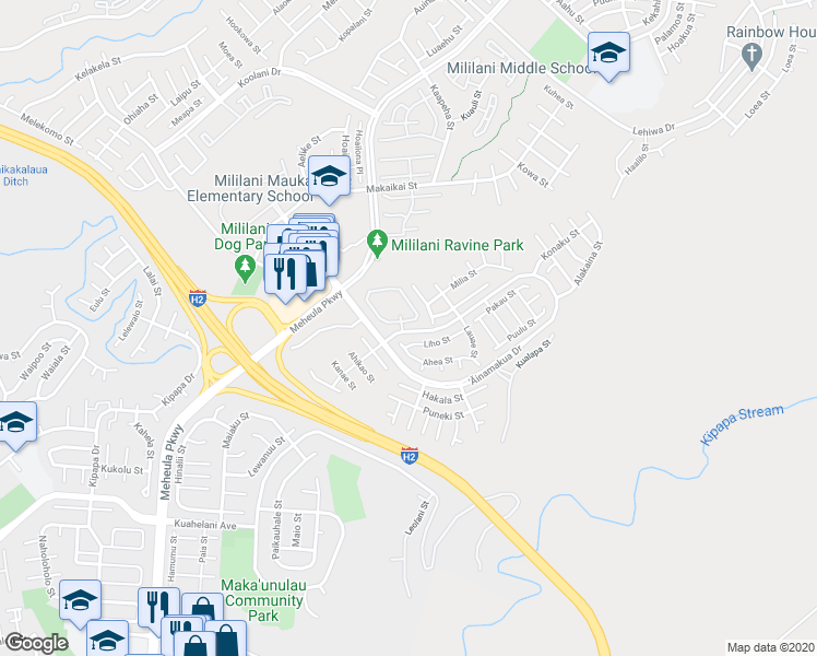 map of restaurants, bars, coffee shops, grocery stores, and more near 95-1529 Ainamakua Drive in Mililani