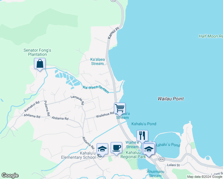 map of restaurants, bars, coffee shops, grocery stores, and more near in Kahaluu