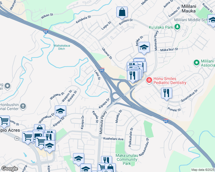 map of restaurants, bars, coffee shops, grocery stores, and more near 95-111 Makaholowaa Place in Mililani