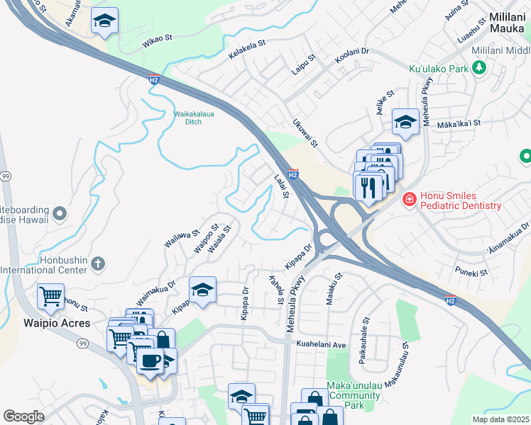 map of restaurants, bars, coffee shops, grocery stores, and more near 95-133 Lelewalo Street in Mililani