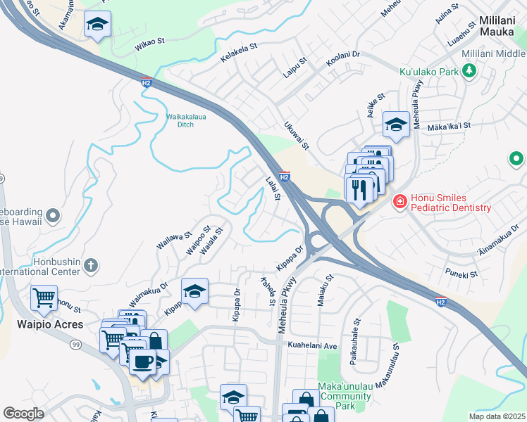 map of restaurants, bars, coffee shops, grocery stores, and more near 95 Kipapa Drive in Mililani