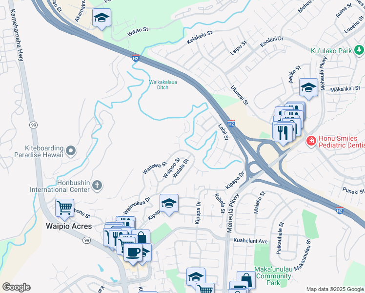 map of restaurants, bars, coffee shops, grocery stores, and more near 95-303 Waioni Street in Mililani