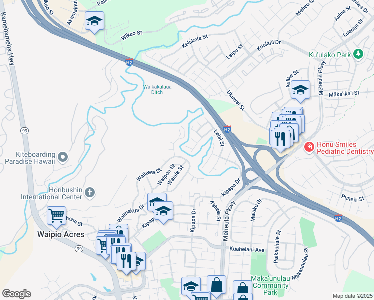 map of restaurants, bars, coffee shops, grocery stores, and more near 95-111 Laaula Place in Mililani