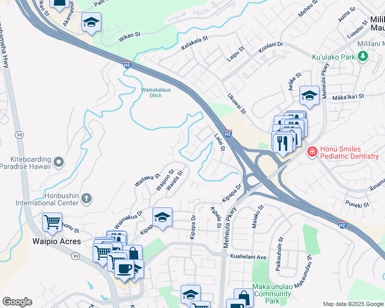 map of restaurants, bars, coffee shops, grocery stores, and more near 127 Eulu Place in Mililani