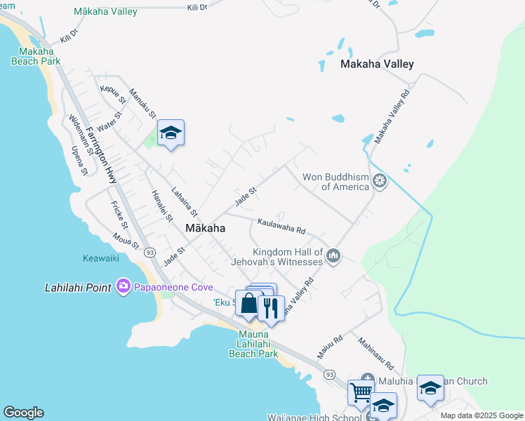 map of restaurants, bars, coffee shops, grocery stores, and more near 84-333 Jade Street in Waianae