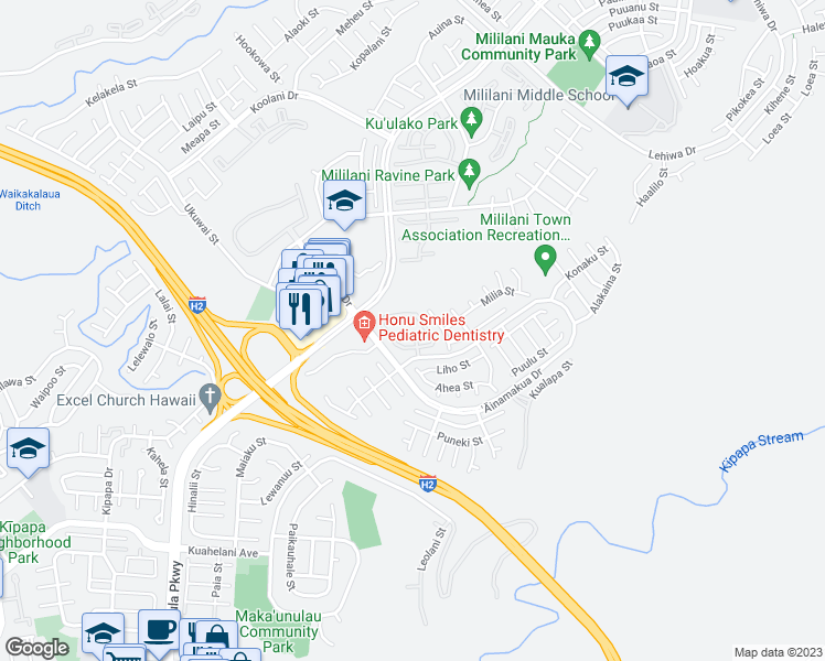map of restaurants, bars, coffee shops, grocery stores, and more near 95-1007 Meanui Street in Mililani