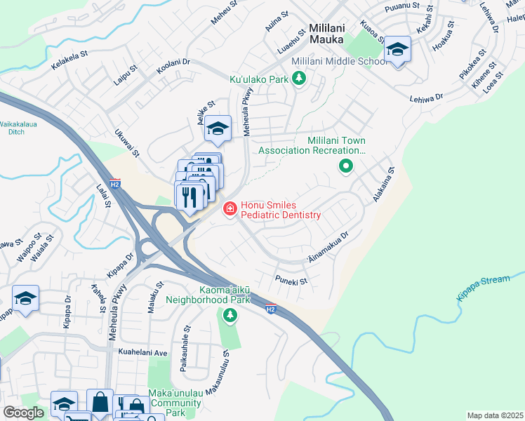 map of restaurants, bars, coffee shops, grocery stores, and more near 95-1517 Ainamakua Drive in Mililani