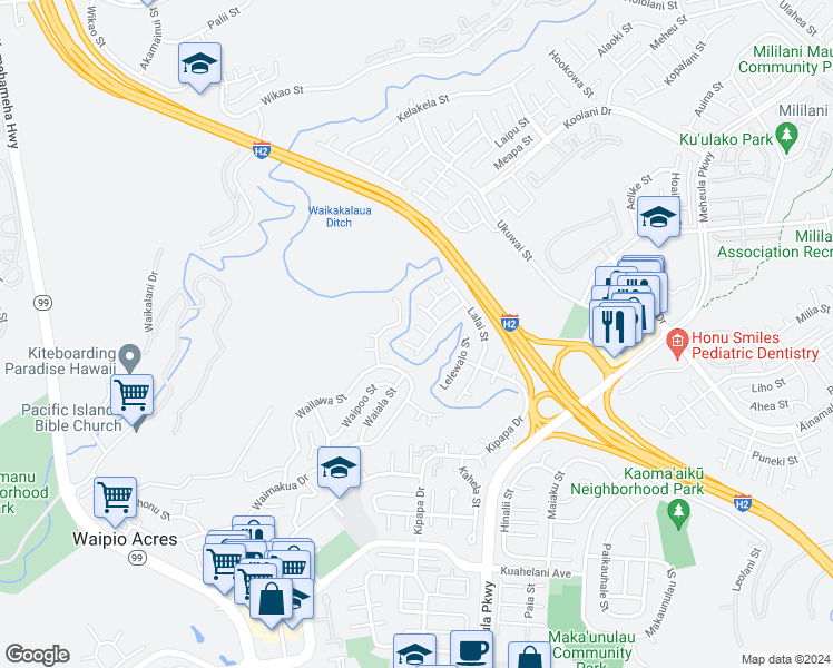 map of restaurants, bars, coffee shops, grocery stores, and more near 95-111 Laaula Place in Mililani