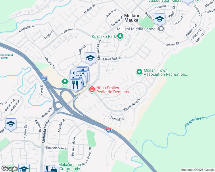 map of restaurants, bars, coffee shops, grocery stores, and more near 95-1007 Meanui Street in Mililani