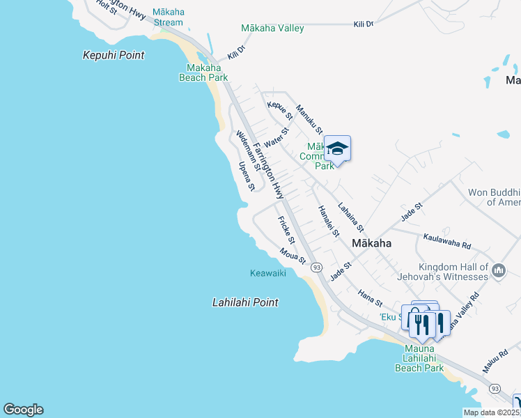 map of restaurants, bars, coffee shops, grocery stores, and more near 84-743 Moua Street in Waianae