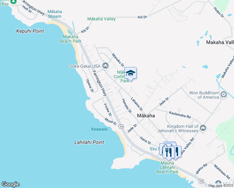 map of restaurants, bars, coffee shops, grocery stores, and more near 84-725 Hanalei Street in Waianae