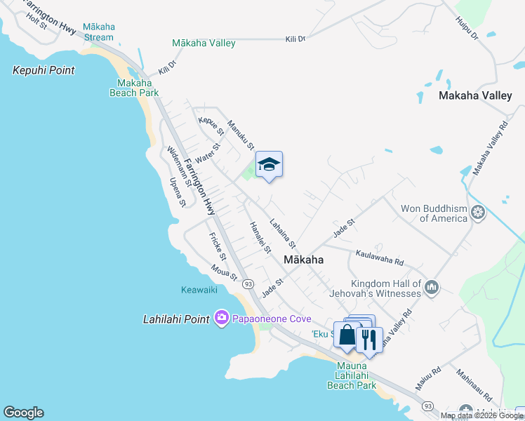 map of restaurants, bars, coffee shops, grocery stores, and more near 84 Ala Naauao Place in Waianae