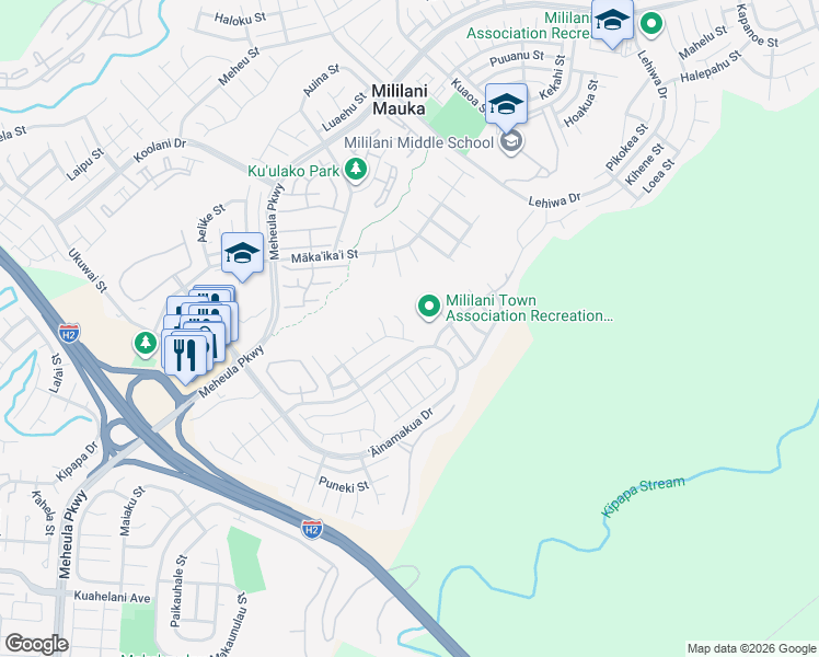 map of restaurants, bars, coffee shops, grocery stores, and more near 95-218 Naaualii Place in Mililani