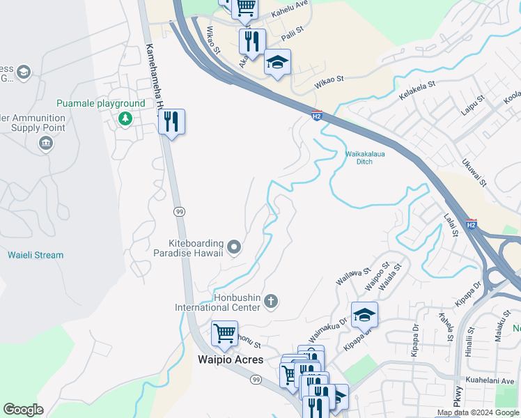 map of restaurants, bars, coffee shops, grocery stores, and more near 95188 Waikalani Drive in Mililani