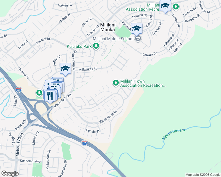 map of restaurants, bars, coffee shops, grocery stores, and more near 95-218 Naaualii Place in Mililani
