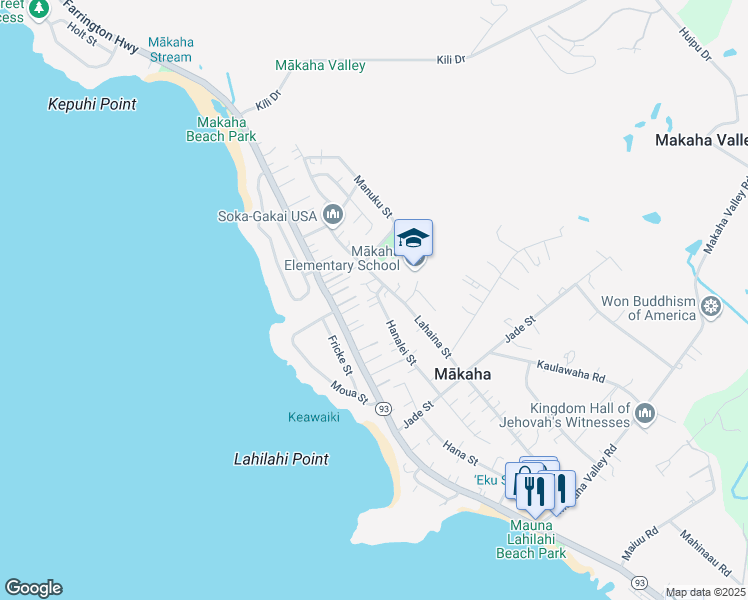 map of restaurants, bars, coffee shops, grocery stores, and more near 84-725 Hanalei Street in Waianae