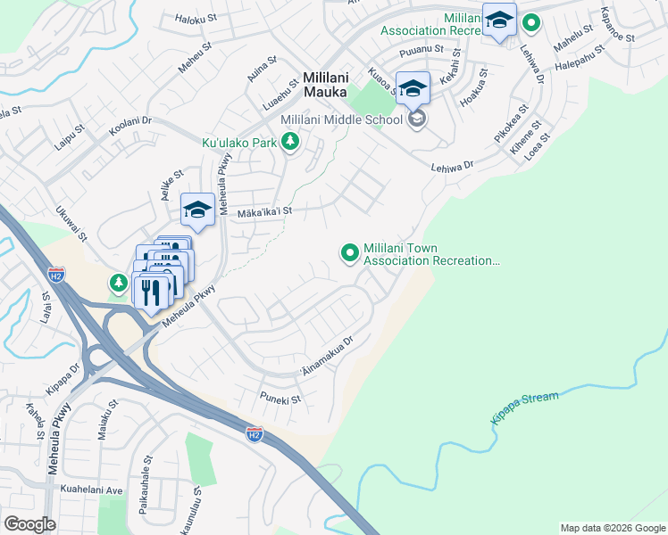 map of restaurants, bars, coffee shops, grocery stores, and more near 95-218 Naaualii Place in Mililani