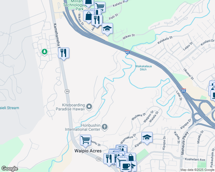 map of restaurants, bars, coffee shops, grocery stores, and more near 95-182 Waikalani Drive in Mililani