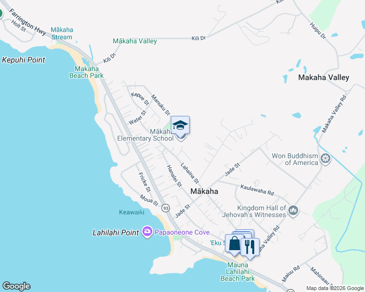 map of restaurants, bars, coffee shops, grocery stores, and more near 84 Ala Naauao Place in Waianae