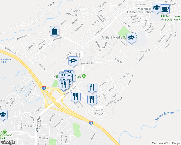 map of restaurants, bars, coffee shops, grocery stores, and more near 95-1149 Makaikai Street in Mililani
