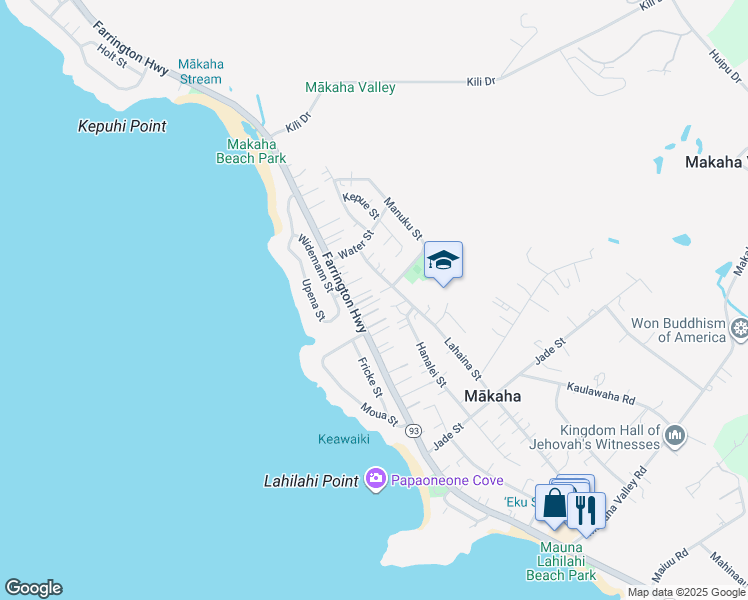 map of restaurants, bars, coffee shops, grocery stores, and more near 84-125 Kiapa Place in Waianae