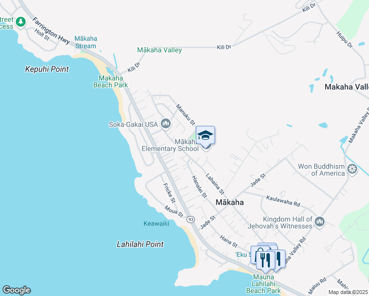 map of restaurants, bars, coffee shops, grocery stores, and more near 84-744 Manuku Street in Waianae