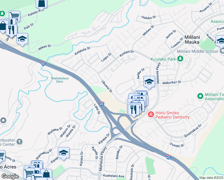 map of restaurants, bars, coffee shops, grocery stores, and more near 95-1050 Ukuwai Street in Mililani