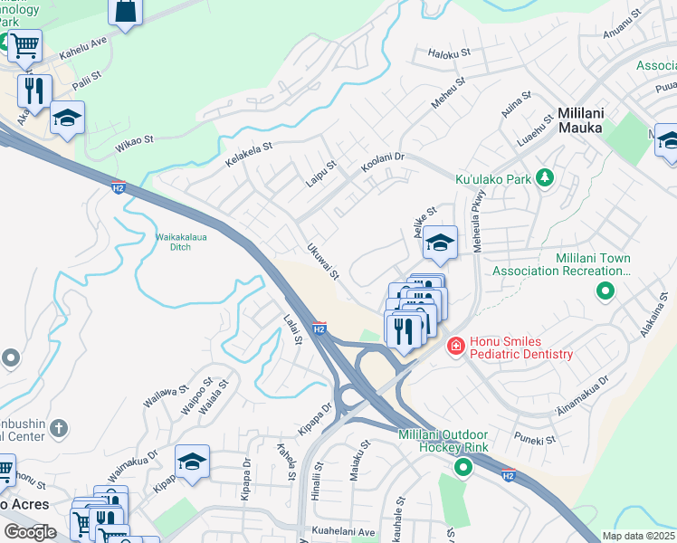 map of restaurants, bars, coffee shops, grocery stores, and more near 95-1050 Ukuwai Street in Mililani