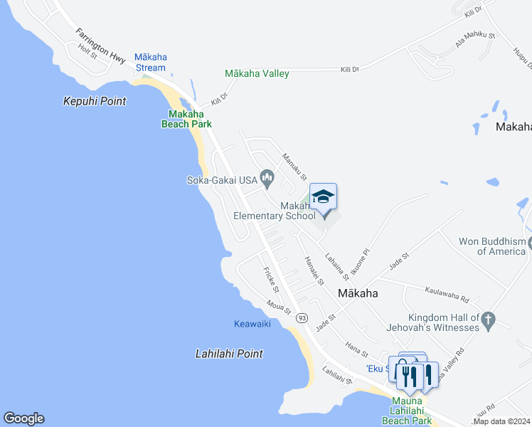 map of restaurants, bars, coffee shops, grocery stores, and more near 84-125 Kiapa Place in Waianae